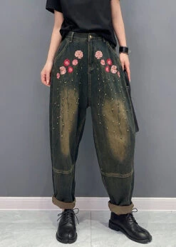 Floral Rivet Patchwork Denim Pockets Harem Pants Fall ML1463