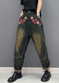 Floral Rivet Patchwork Denim Pockets Harem Pants Fall ML1463 -Ada Fashion Floral Rivet Patchwork Denim Pockets Harem Pants Fall3
