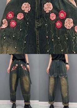 Floral Rivet Patchwork Denim Pockets Harem Pants Fall ML1463 -Ada Fashion Floral Rivet Patchwork Denim Pockets Harem Pants Fall5