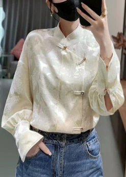 French Apricot Stand Collar Print Silk Blouses Spring QA1053 -Ada Fashion French Apricot Stand Collar Print Silk Blouses Spring3