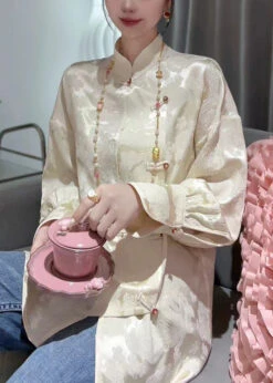 French Apricot Stand Collar Print Silk Blouses Spring QA1053 -Ada Fashion French Apricot Stand Collar Print Silk Blouses Spring4