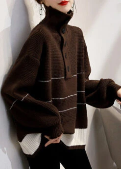 French Beige Cozy Wool Knit Sweaters Long Sleeve -Ada Fashion French Beige Turtleneck Button Cozy Wool Knit Sweaters Long Sleeve Ada Fashion 174404758