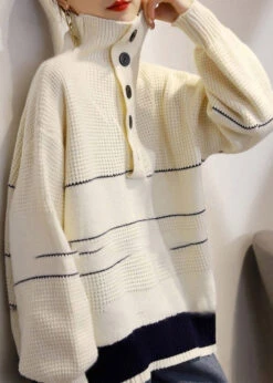 French Beige Cozy Wool Knit Sweaters Long Sleeve -Ada Fashion French Beige Turtleneck Button Cozy Wool Knit Sweaters Long Sleeve Ada Fashion 174404871