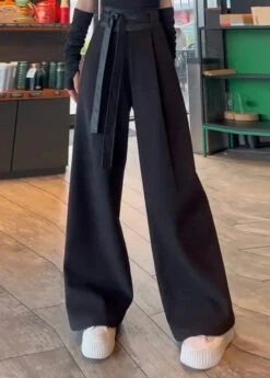 French Black LaceUp Pocket Shigh Waist Patchwork Cotton Pants Fall LY9069