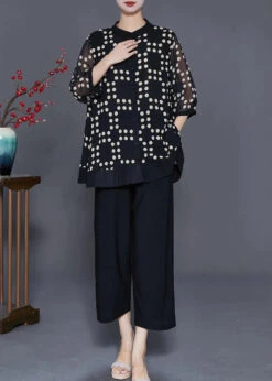 French Black Print Draping Chiffon Two Piece Set Outfits Summer LY8054