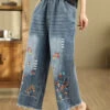 French Blue Embroidered Elastic Waist Denim Crop Pants Summer QA1095