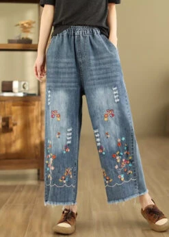French Blue Embroidered Elastic Waist Denim Crop Pants Summer QA1095 -Ada Fashion French Blue Embroidered Elastic Waist Denim Crop Pants Summer3