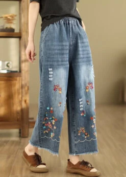 French Blue Embroidered Elastic Waist Denim Crop Pants Summer QA1095 -Ada Fashion French Blue Embroidered Elastic Waist Denim Crop Pants Summer4