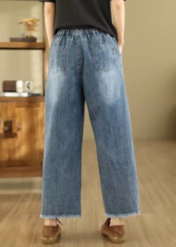 French Blue Embroidered Elastic Waist Denim Crop Pants Summer QA1095 -Ada Fashion French Blue Embroidered Elastic Waist Denim Crop Pants Summer5