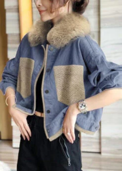French Blue Fur Collar Button Patchwork Cotton Coats Winter LY9704