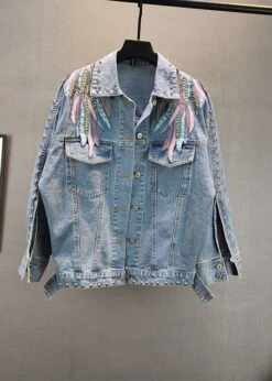 French Blue Peter Pan Collar Embroideried Patchwork Tassel Cotton Denim Coat Long Sleeve LY5262