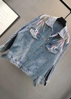 French Blue Peter Pan Collar Embroideried Patchwork Tassel Cotton Denim Coat Long Sleeve LY5262 -Ada Fashion French Blue Peter Pan Collar Embroideried Patchwork Tassel Cotton Denim Coat Long Sleeve3