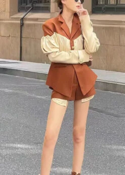 French Coffee Wrinkled Patchwork Coat And Shorts Two Pieces Spring HA1013 -Ada Fashion French Coffee Wrinkled Patchwork Coat And Shorts Two Pieces Spring HA1013 Ada Fashion 182936162