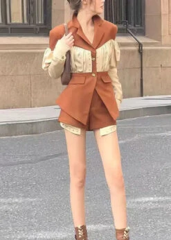 French Coffee Wrinkled Patchwork Coat And Shorts Two Pieces Spring HA1013 -Ada Fashion French Coffee Wrinkled Patchwork Coat And Shorts Two Pieces Spring HA1013 Ada Fashion 182936282