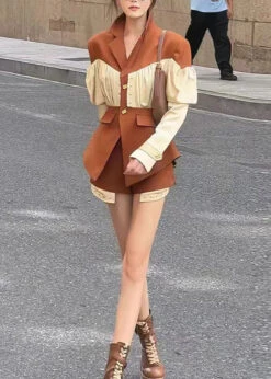French Coffee Wrinkled Patchwork Coat And Shorts Two Pieces Spring HA1013 -Ada Fashion French Coffee Wrinkled Patchwork Coat And Shorts Two Pieces Spring HA1013 Ada Fashion 182936338