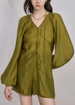 French Grass Green Lace Up Pockets Silk Two Piece Set Long Sleeve QA1044 -Ada Fashion French Grass Green Lace Up Pockets Silk Two Piece Set Long Sleeve3
