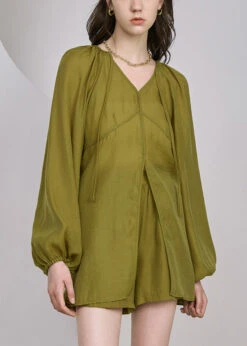 French Grass Green Lace Up Pockets Silk Two Piece Set Long Sleeve QA1044 -Ada Fashion French Grass Green Lace Up Pockets Silk Two Piece Set Long Sleeve4