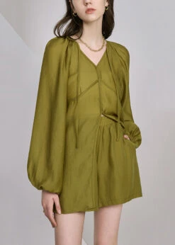 French Grass Green Lace Up Pockets Silk Two Piece Set Long Sleeve QA1044 -Ada Fashion French Grass Green Lace Up Pockets Silk Two Piece Set Long Sleeve5