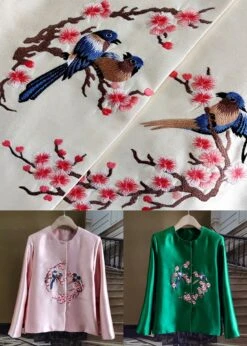 French Green Embroideried Bird Patchwork Silk Coat Spring LY0981 -Ada Fashion French Green Embroideried Bird Patchwork Silk Coat Spring5