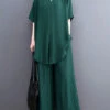 French Green Oversized Side Open Draping Silk Two Piece Set Women Clothing Summer LY1489