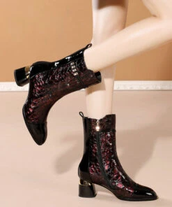 French Red Boots Zippered Splicing Cowhide Leather Chunky Ankle Boots RT1062 -Ada Fashion French Red Boots Zippered Splicing Cowhide Leather Chunky Ankle Boots3