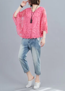 French Red V Neck Embroideried Cotton Blouses Batwing Sleeve LY7318