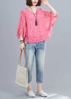 French Red V Neck Embroideried Cotton Blouses Batwing Sleeve LY7318 -Ada Fashion French Red V Neck Embroideried Cotton Blouses Batwing Sleeve3