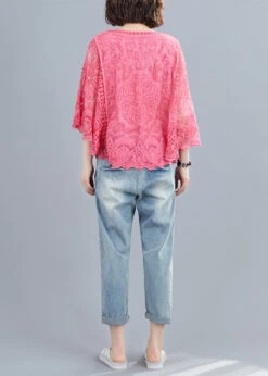 French Red V Neck Embroideried Cotton Blouses Batwing Sleeve LY7318 -Ada Fashion French Red V Neck Embroideried Cotton Blouses Batwing Sleeve4