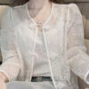 French White Embroidered Button Sequins Lace Coat Summer QA1038 -Ada Fashion French White Embroidered Button Sequins Lace Coat Summer1