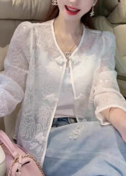 French White Embroidered Button Sequins Lace Coat Summer QA1038 -Ada Fashion French White Embroidered Button Sequins Lace Coat Summer3