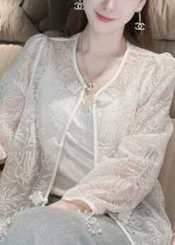 French White Embroidered Button Sequins Lace Coat Summer QA1038 -Ada Fashion French White Embroidered Button Sequins Lace Coat Summer4