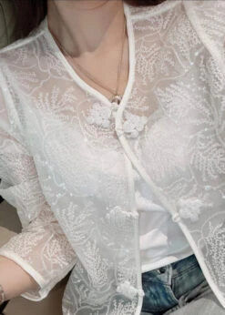 French White Embroidered Button Sequins Lace Coat Summer QA1038 -Ada Fashion French White Embroidered Button Sequins Lace Coat Summer5
