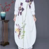 French White Print Side Open Chiffon Long Shirts Dress Fall LY8055