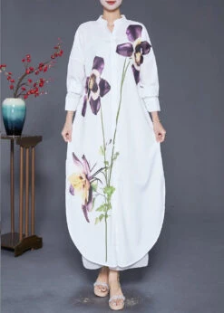 French White Print Side Open Chiffon Long Shirts Dress Fall LY8055