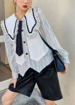 French White Ruffled Striped Patchwork Cotton Shirts Springs LY0777 -Ada Fashion French White Ruffled Striped Patchwork Cotton Shirts Springs3
