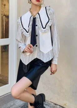French White Ruffled Striped Patchwork Cotton Shirts Springs LY0777 -Ada Fashion French White Ruffled Striped Patchwork Cotton Shirts Springs4