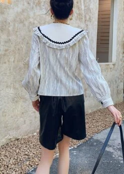French White Ruffled Striped Patchwork Cotton Shirts Springs LY0777 -Ada Fashion French White Ruffled Striped Patchwork Cotton Shirts Springs5