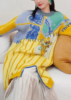 Side Open Knit Sweaters Dress Winter 9 Side Open Knit Sweaters Dress Winter -Ada Fashion French Yellow O Neck Side Open Patchwork Knit Sweaters Dress Winter Ada Fashion 178517645