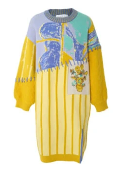 Side Open Knit Sweaters Dress Winter 11 Side Open Knit Sweaters Dress Winter -Ada Fashion French Yellow O Neck Side Open Patchwork Knit Sweaters Dress Winter Ada Fashion 178517858