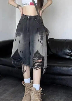 Gradient Color Black Patchwork High Waist Denim Shorts Summer LY5215 -Ada Fashion Gradient Color Black Patchwork High Waist Denim Shorts Summer2