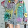 Gradient Color Blue Peter Pan Collar Graffiti Pockets Denim Coats Fall LY6007