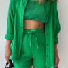 Green Button Shirts Vests And Shorts Three Pieces Set Summer LY3917