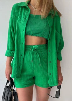Green Button Shirts Vests And Shorts Three Pieces Set Summer LY3917