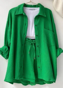 Green Button Shirts Vests And Shorts Three Pieces Set Summer LY3917 -Ada Fashion Green Button Shirts Vests And Shorts Three Pieces Set Summer4