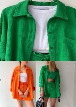 Green Button Shirts Vests And Shorts Three Pieces Set Summer LY3917 -Ada Fashion Green Button Shirts Vests And Shorts Three Pieces Set Summer5