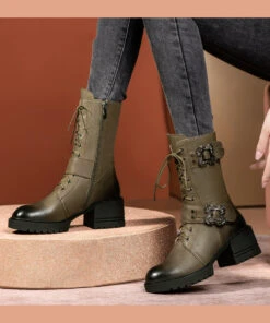 Green Cross Strap Splicing Fashion Chunky Boots ML1660 -Ada Fashion Green Cross Strap Splicing Fashion Chunky Boots3