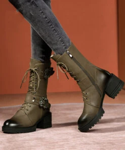 Green Cross Strap Splicing Fashion Chunky Boots ML1660 -Ada Fashion Green Cross Strap Splicing Fashion Chunky Boots5