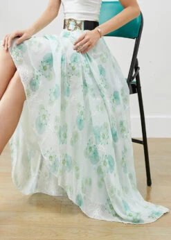 Chiffon Skirts Exra Large Hem Fall -Ada Fashion Green Floral Chiffon Skirts Exra Large Hem Fall Ada Fashion 178306032