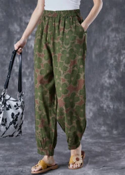 Green Floral Print Linen Pants Oversized Elastic Waist Summer LY7067 -Ada Fashion Green Floral Print Linen Pants Oversized Elastic Waist Summer3