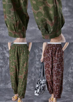 Green Floral Print Linen Pants Oversized Elastic Waist Summer LY7067 -Ada Fashion Green Floral Print Linen Pants Oversized Elastic Waist Summer5